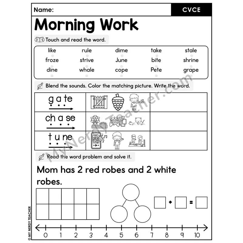 Morning Work CVCe Words - Decodable Words, Sentences and Word Problems to 10
