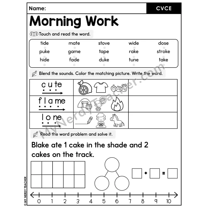 Morning Work CVCe Words - Decodable Words, Sentences and Word Problems to 10