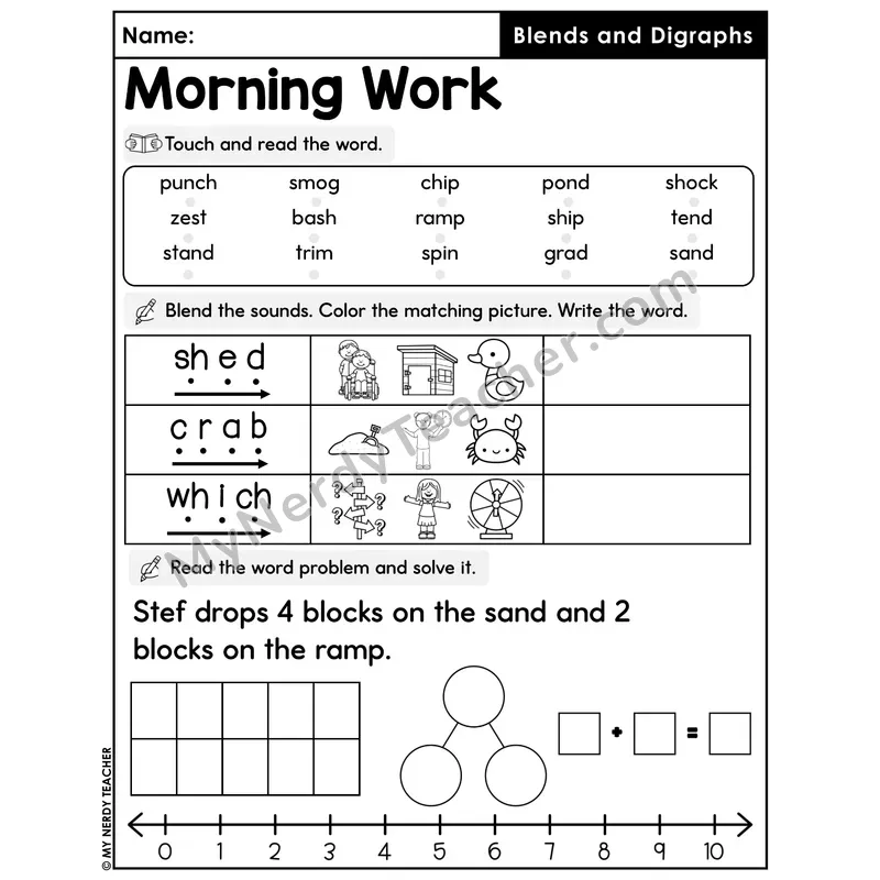 Morning Work Blends and Digraphs - Decodable Words, Sentences and Word Problems to 10