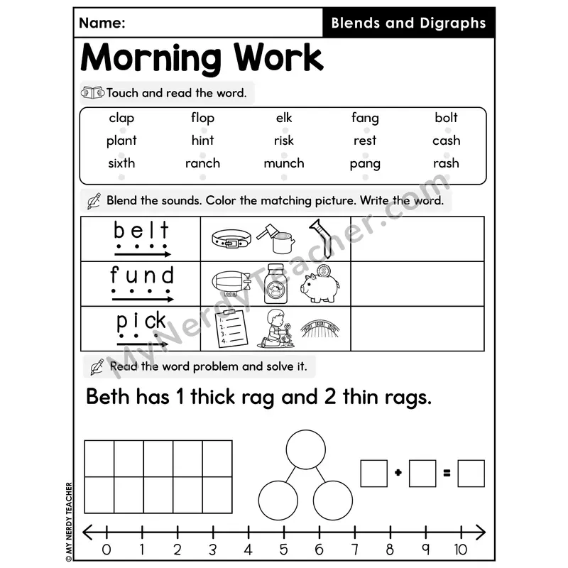 Morning Work Blends and Digraphs - Decodable Words, Sentences and Word Problems to 10