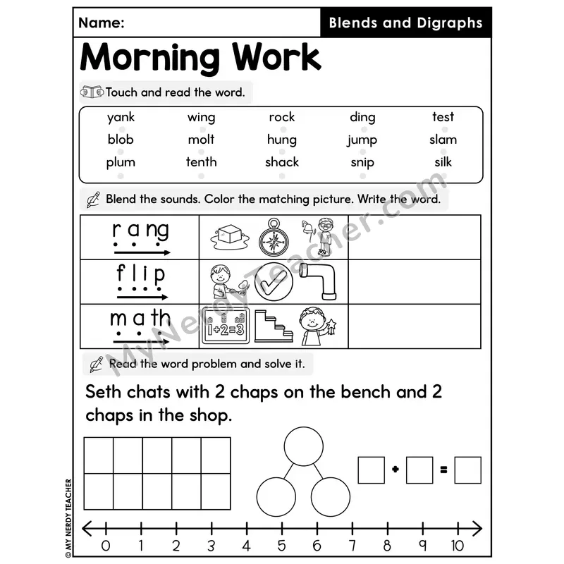 Morning Work Blends and Digraphs - Decodable Words, Sentences and Word Problems to 10
