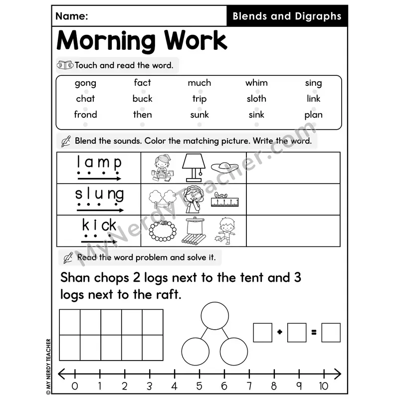 Morning Work Blends and Digraphs - Decodable Words, Sentences and Word Problems to 10
