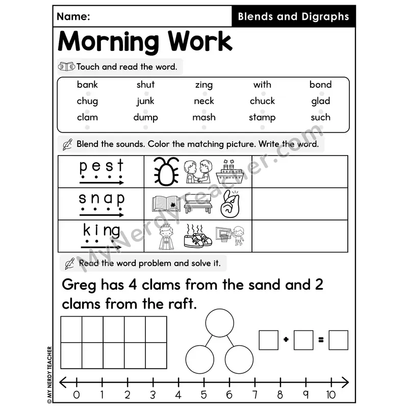 Morning Work Blends and Digraphs - Decodable Words, Sentences and Word Problems to 10