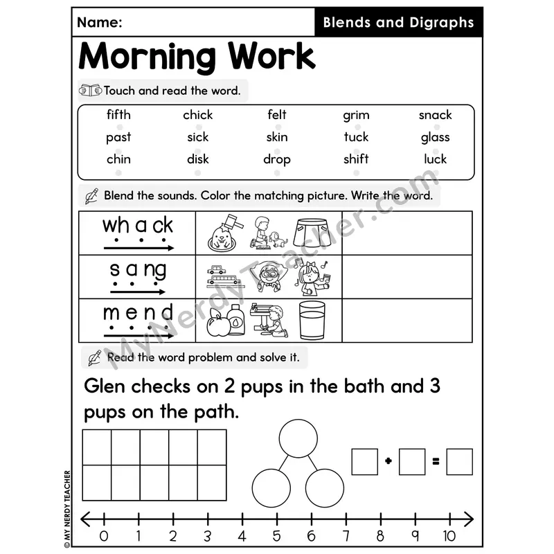 Morning Work Blends and Digraphs - Decodable Words, Sentences and Word Problems to 10