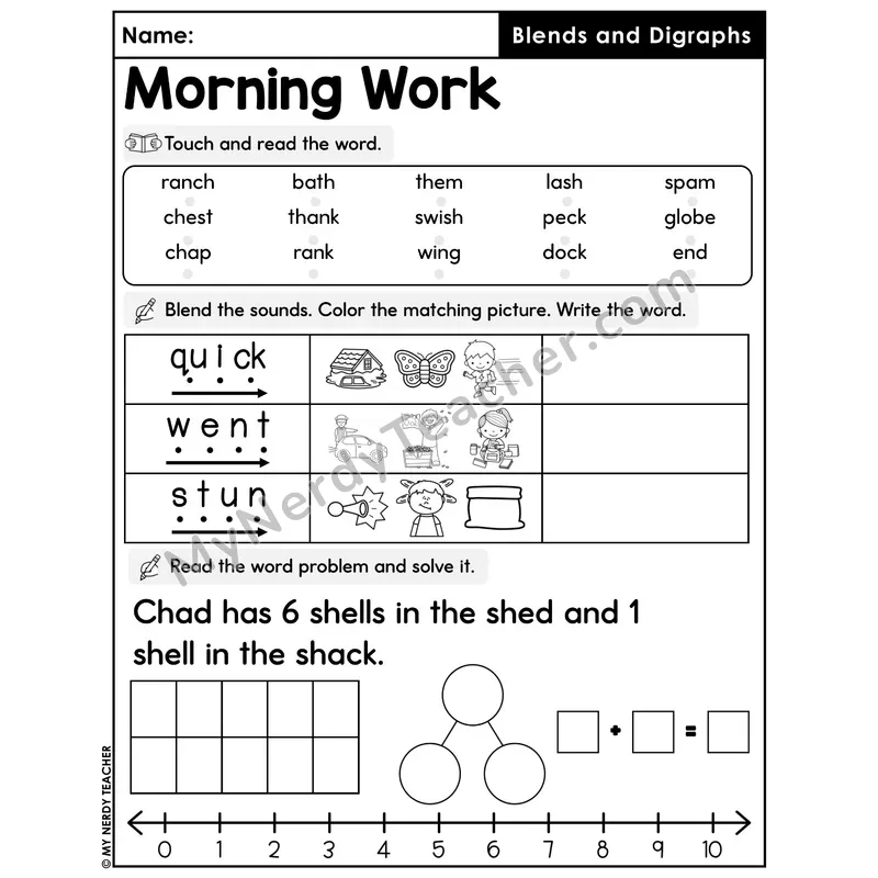 Morning Work Blends and Digraphs - Decodable Words, Sentences and Word Problems to 10