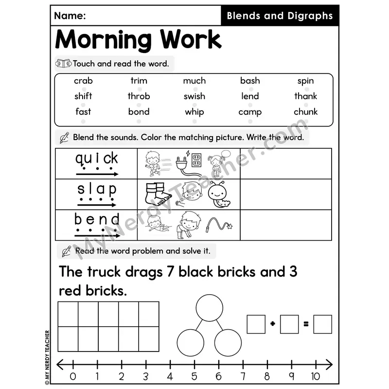 Morning Work Blends and Digraphs - Decodable Words, Sentences and Word Problems to 10
