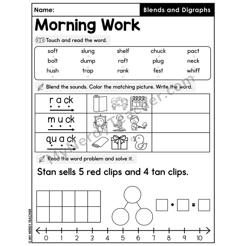 Morning Work Blends and Digraphs - Decodable Words, Sentences and Word Problems to 10
