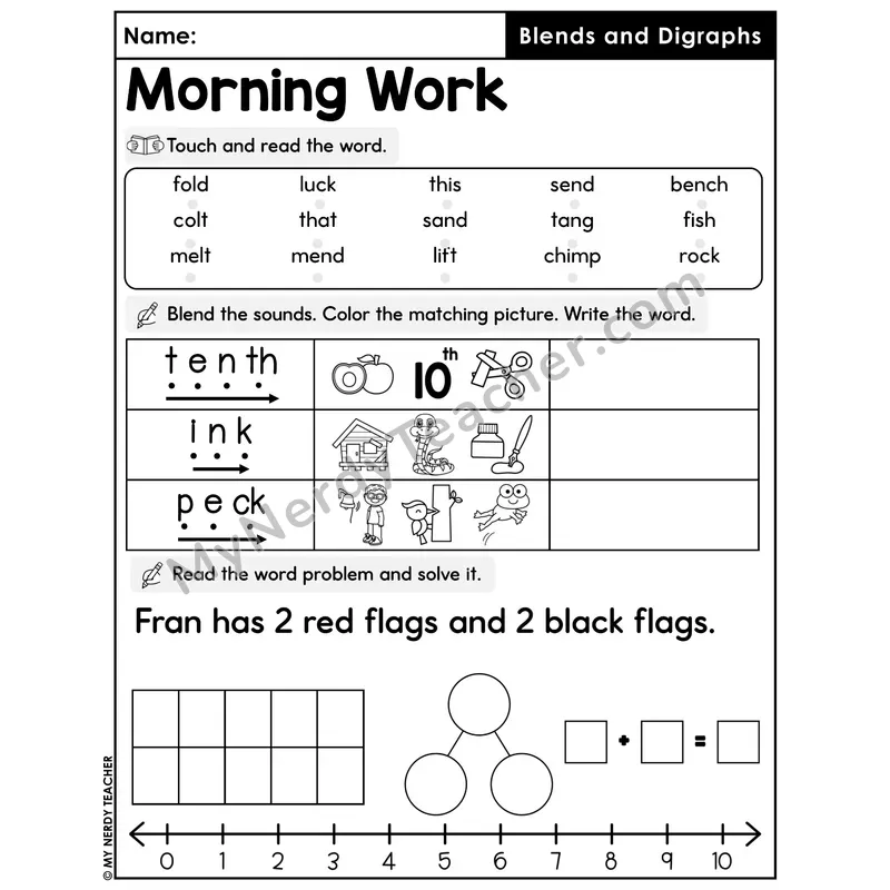 Morning Work Blends and Digraphs - Decodable Words, Sentences and Word Problems to 10