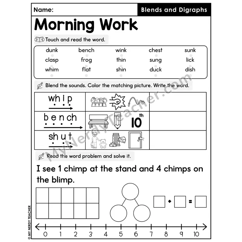 Morning Work Blends and Digraphs - Decodable Words, Sentences and Word Problems to 10