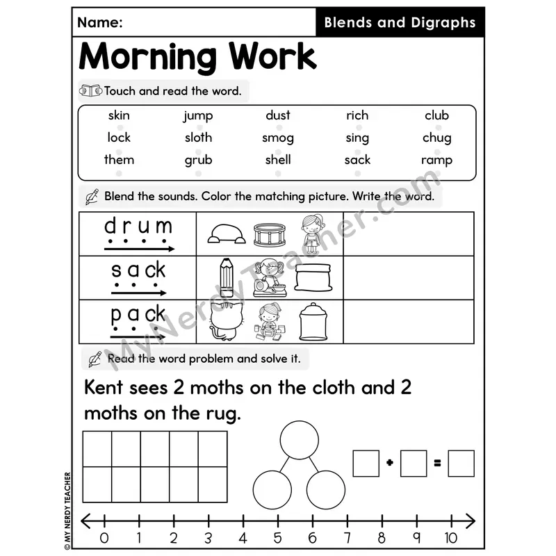 Morning Work Blends and Digraphs - Decodable Words, Sentences and Word Problems to 10