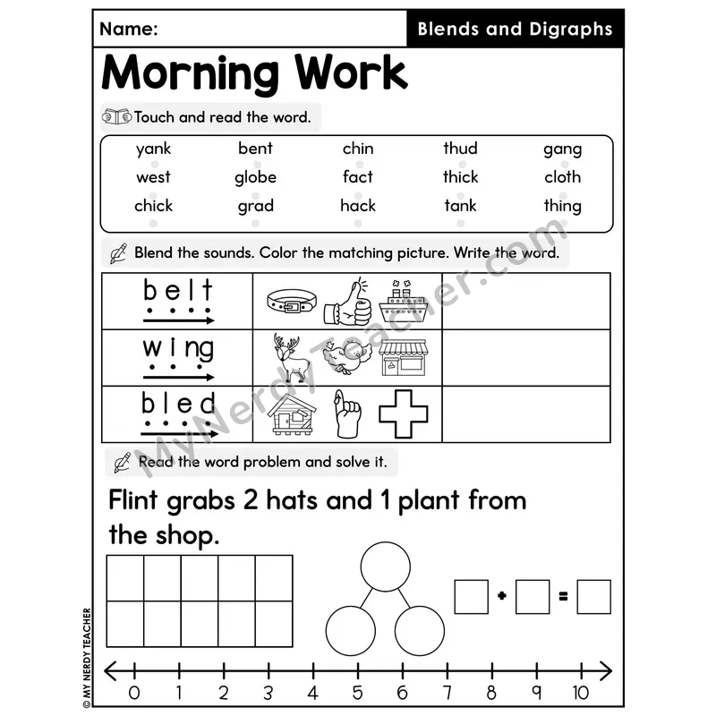 Morning Work Blends and Digraphs - Decodable Words, Sentences and Word Problems to 10