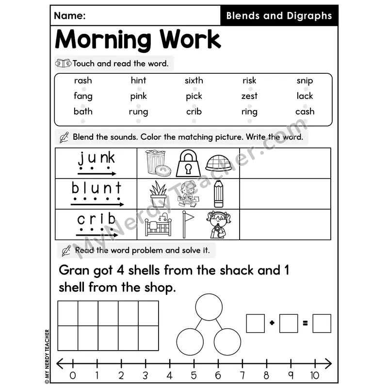 Morning Work Blends and Digraphs - Decodable Words, Sentences and Word Problems to 10
