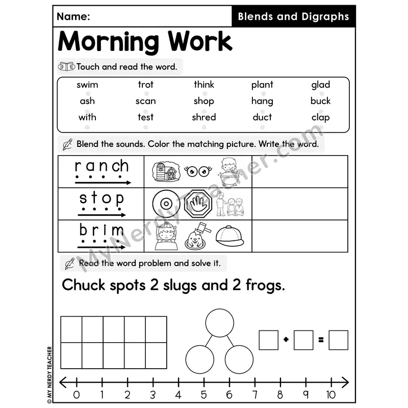 Morning Work Blends and Digraphs - Decodable Words, Sentences and Word Problems to 10