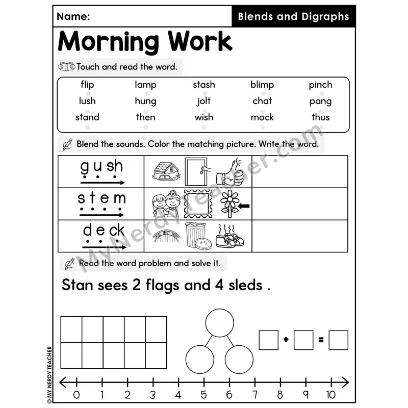 Morning Work Blends and Digraphs - Decodable Words, Sentences and Word Problems to 10