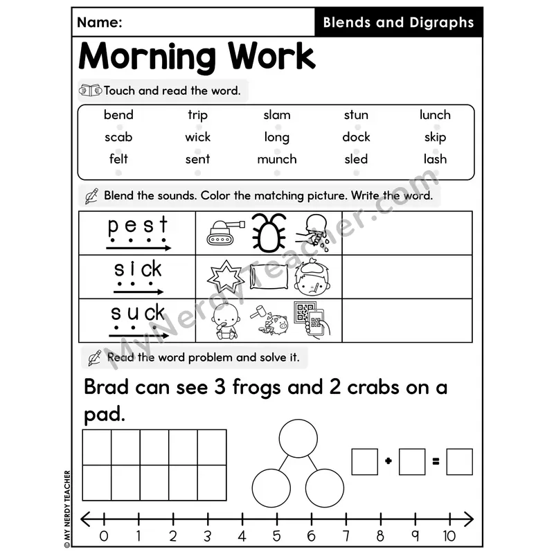 Morning Work Blends and Digraphs - Decodable Words, Sentences and Word Problems to 10