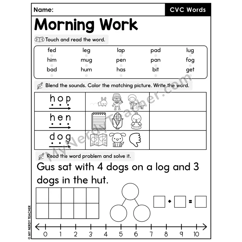 Morning Work CVC Words - Decodable Words, Sentences and Word Problems to 10