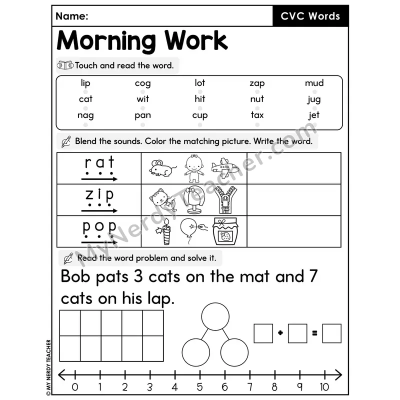 Morning Work CVC Words - Decodable Words, Sentences and Word Problems to 10