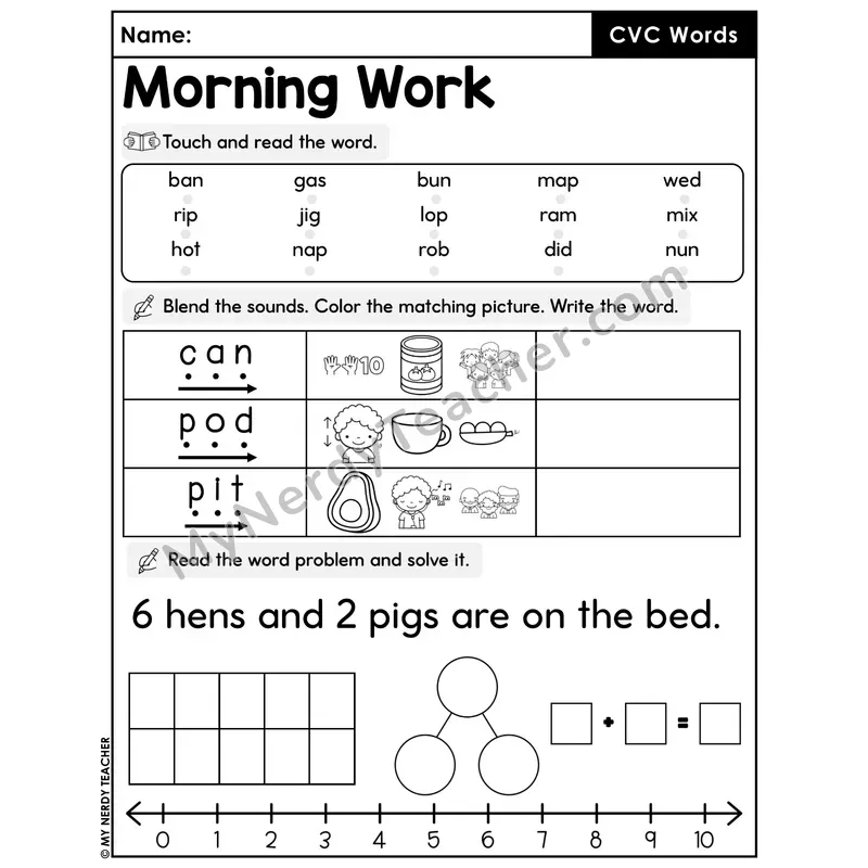Morning Work CVC Words - Decodable Words, Sentences and Word Problems to 10