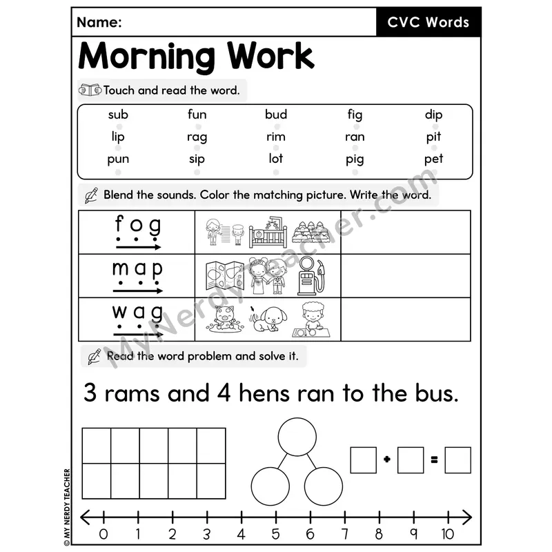 Morning Work CVC Words - Decodable Words, Sentences and Word Problems to 10