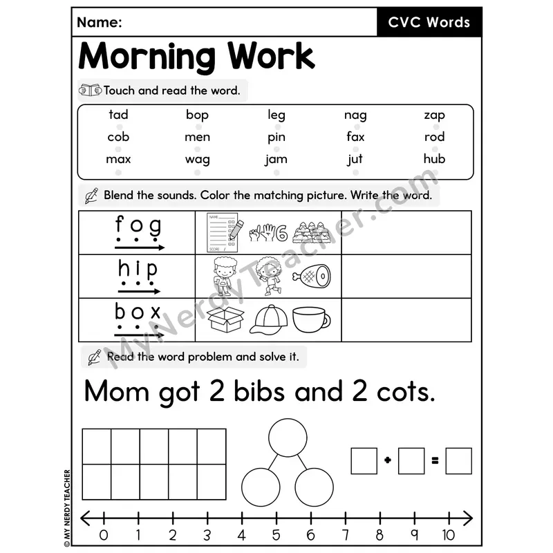 Morning Work CVC Words - Decodable Words, Sentences and Word Problems to 10