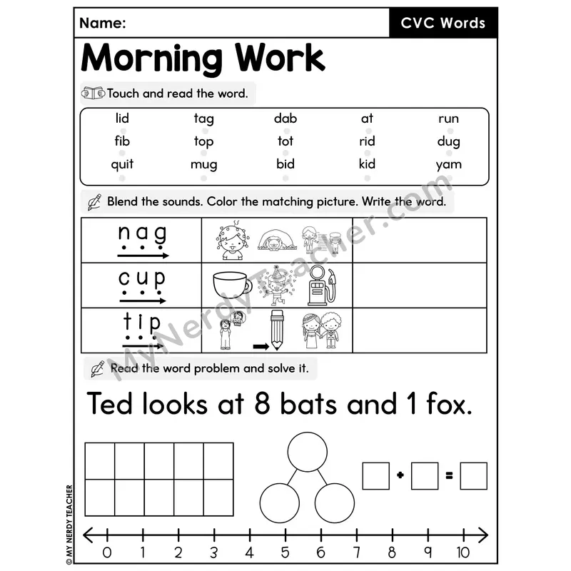 Morning Work CVC Words - Decodable Words, Sentences and Word Problems to 10