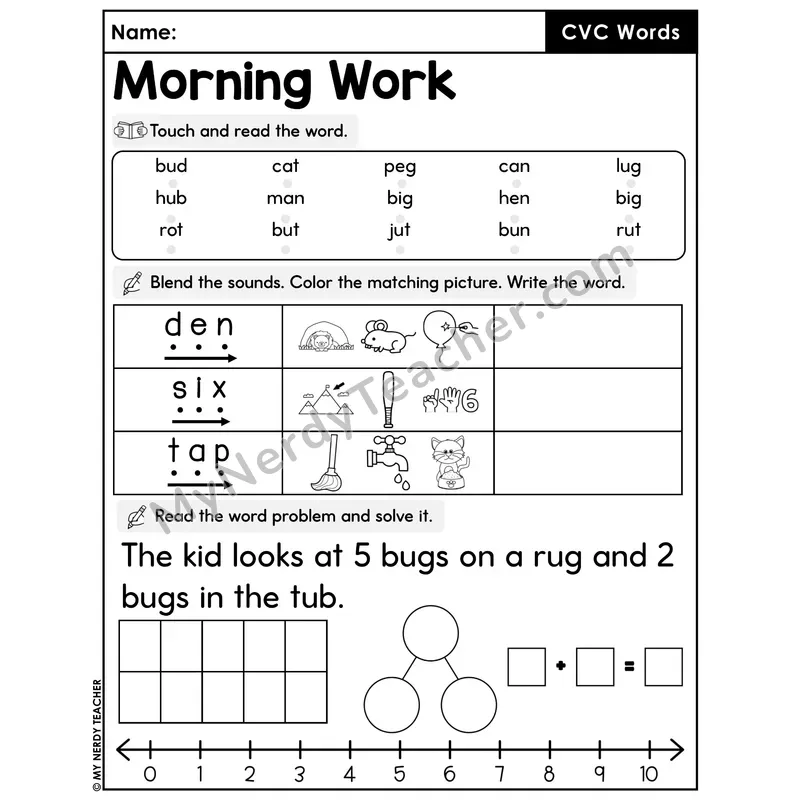 Morning Work CVC Words - Decodable Words, Sentences and Word Problems to 10