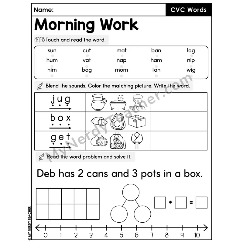 Morning Work CVC Words - Decodable Words, Sentences and Word Problems to 10