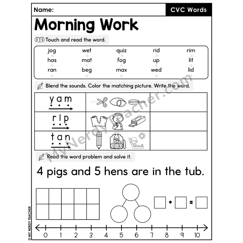Morning Work CVC Words - Decodable Words, Sentences and Word Problems to 10