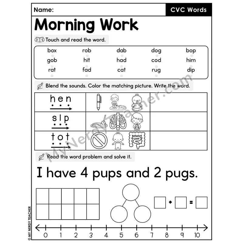 Morning Work CVC Words - Decodable Words, Sentences and Word Problems to 10