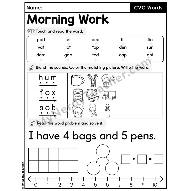 Morning Work CVC Words - Decodable Words, Sentences and Word Problems to 10