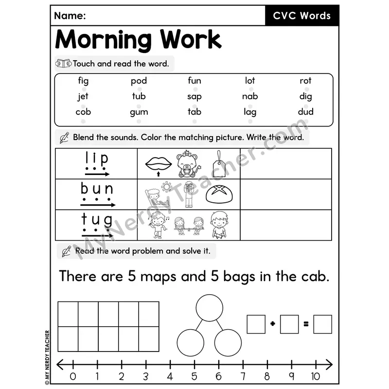 Morning Work CVC Words - Decodable Words, Sentences and Word Problems to 10