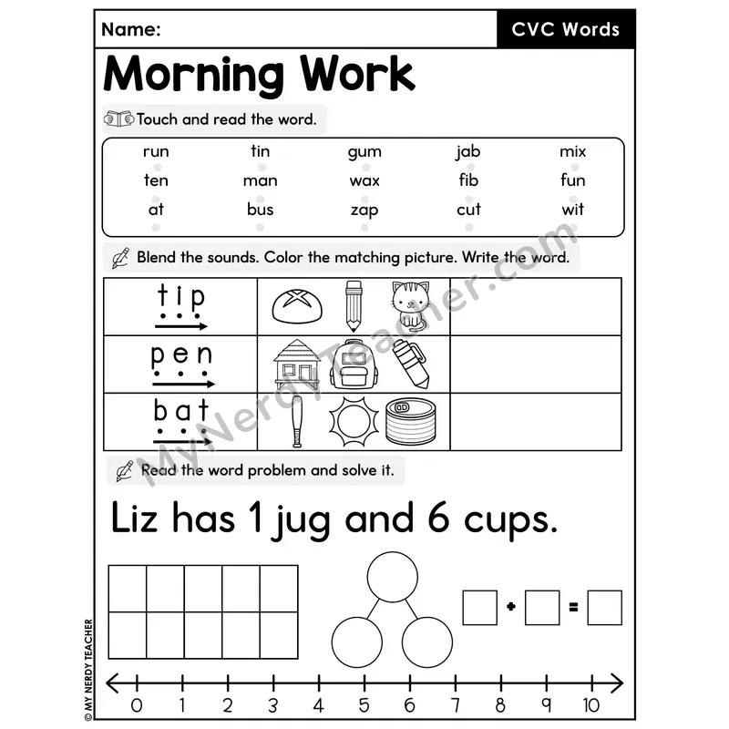 Morning Work CVC Words - Decodable Words, Sentences and Word Problems to 10