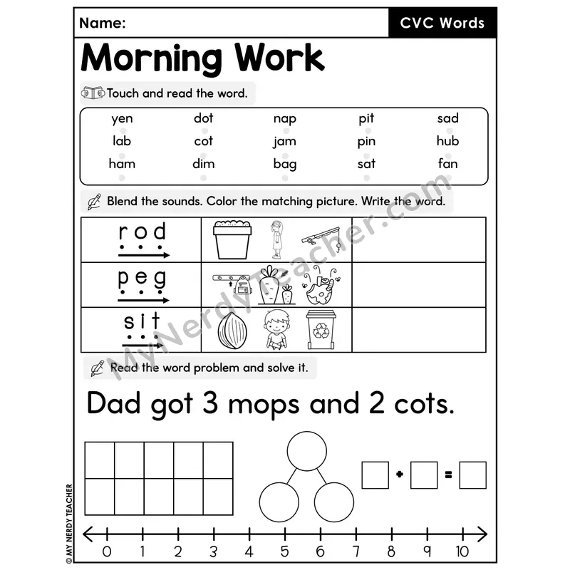 Morning Work CVC Words - Decodable Words, Sentences and Word Problems to 10