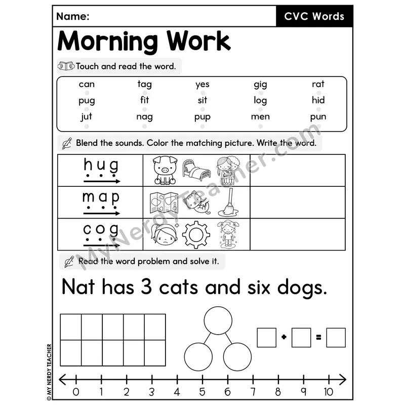 Morning Work CVC Words - Decodable Words, Sentences and Word Problems to 10