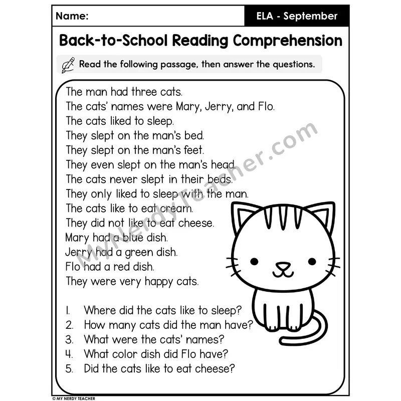 Back-to-School Reading Comprehension Passage — The Three Cats