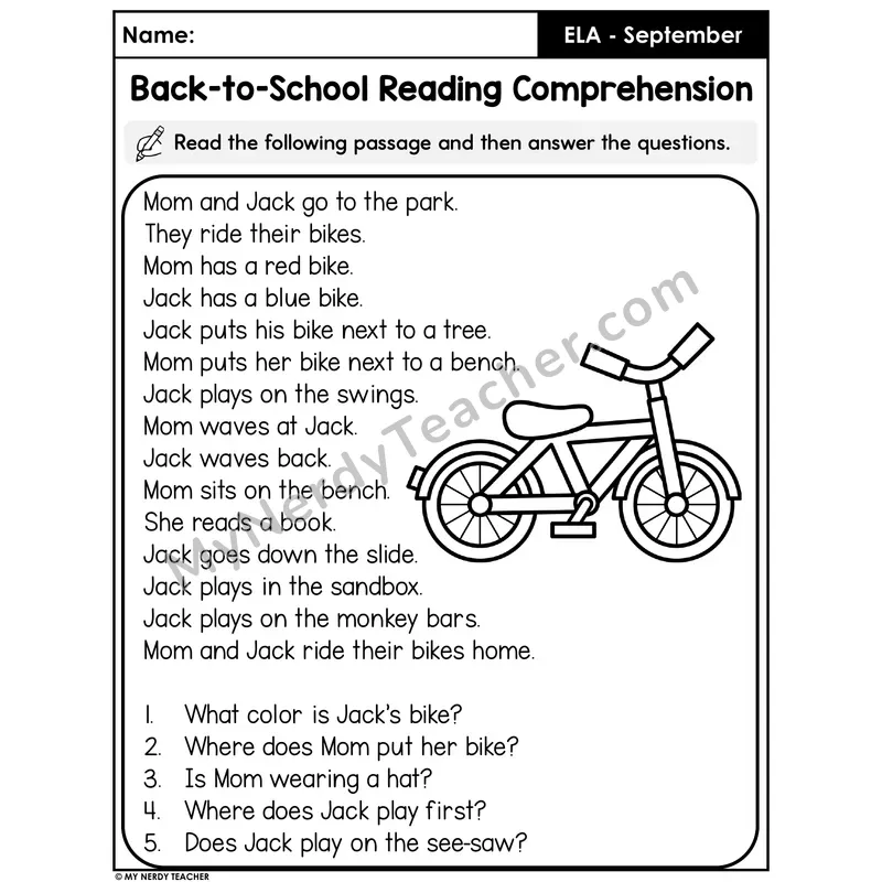 Back-to-School Reading Comprehension Passage — Mom and Jack at the Park