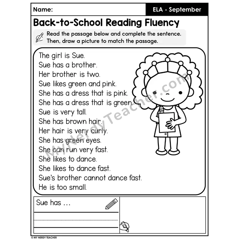 Back-to-School Reading Fluency Passage — All About Sue