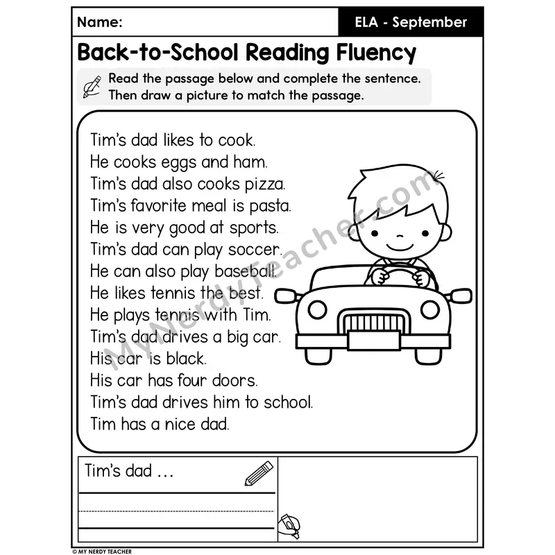 Back-to-School Reading Fluency Passage — Tim's Dad