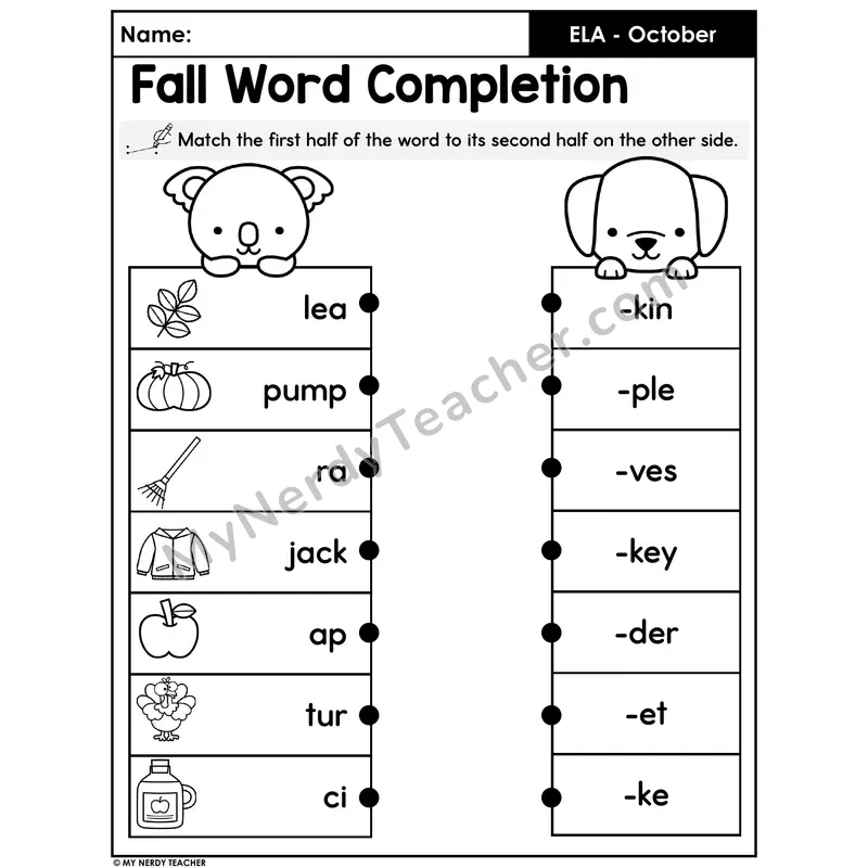 Fall Two-Syllable Word Matching Worksheet — Build the Word
