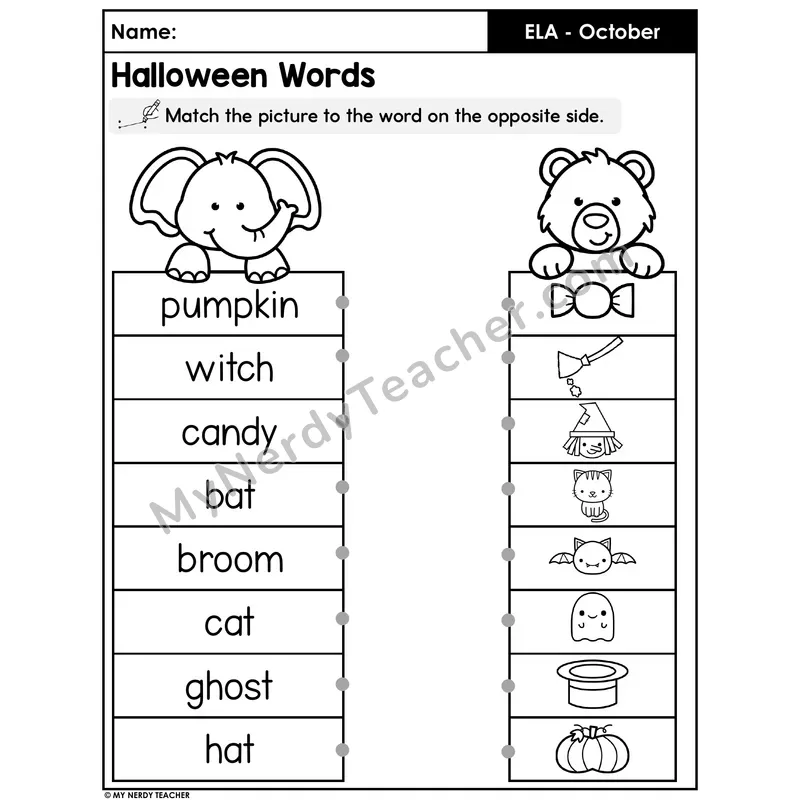 Halloween Vocabulary Picture-Word Matching Worksheet
