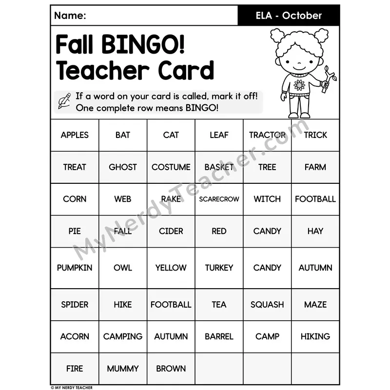 Fall Vocabulary BINGO Game — 8 Player Cards Plus Teacher Card