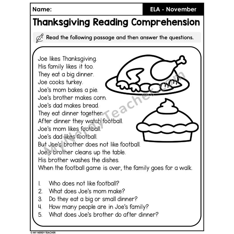 Thanksgiving Reading Comprehension Passage — Joe's Family Dinner