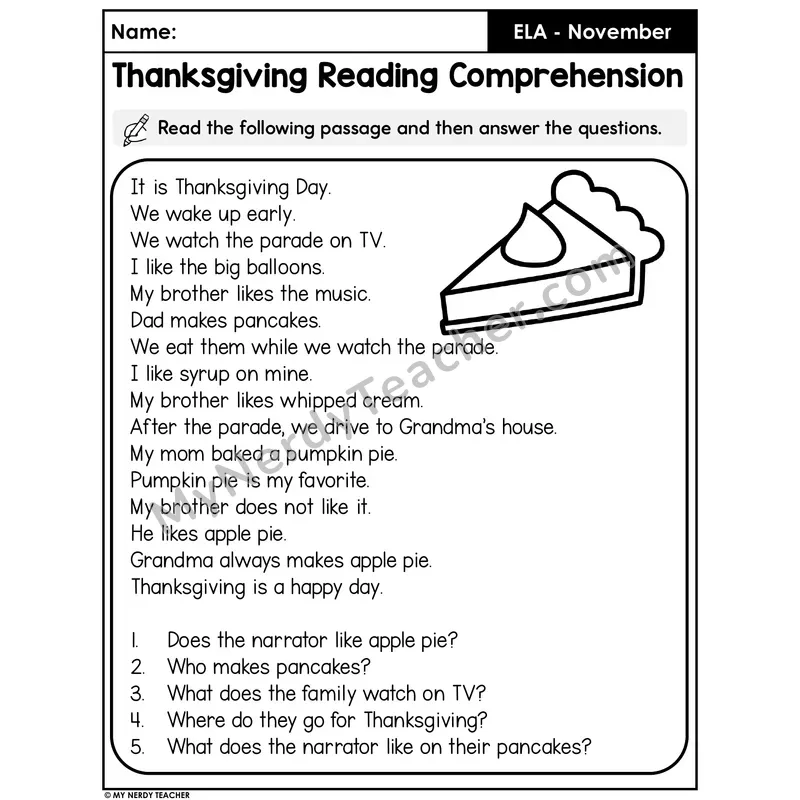 Thanksgiving Reading Comprehension Passage — Parade Day with Grandma