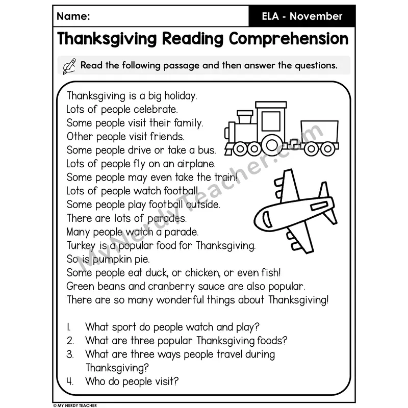 Thanksgiving Informational Reading Passage — How People Celebrate