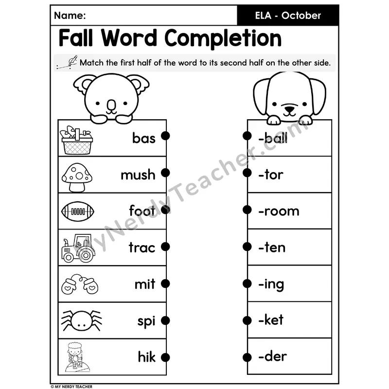 Fall Two-Syllable Word Matching Worksheet — Build the Word (Set 2)