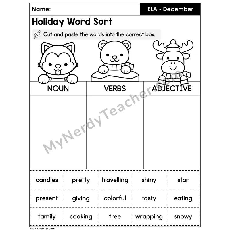 Holiday Word Sort — Nouns, Verbs, and Adjectives Cut and Paste