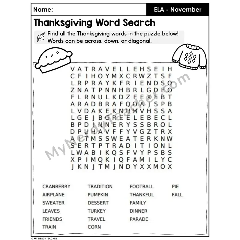 Thanksgiving Word Search Puzzle — 19 Holiday Words