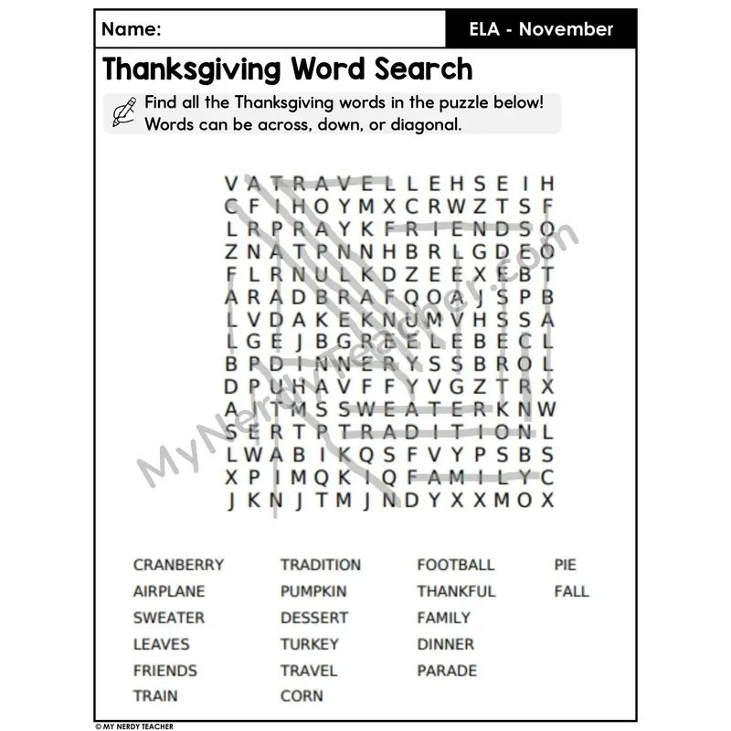 Thanksgiving Word Search Answer Key — Completed Solutions