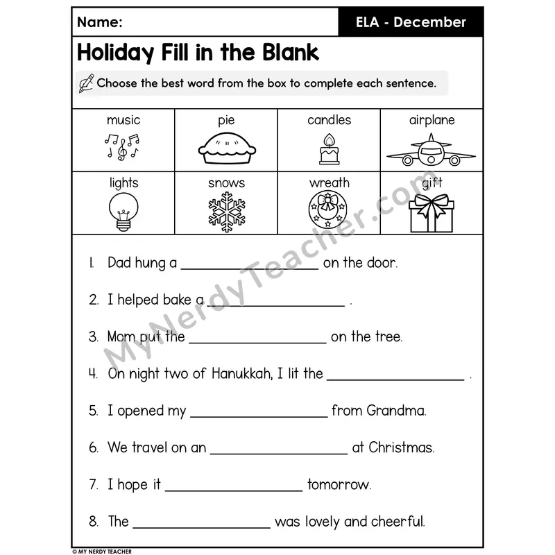 Holiday Vocabulary Fill-in-the-Blank Worksheet — Picture Word Bank