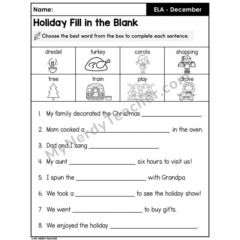 Holiday Vocabulary Fill-in-the-Blank Worksheet — Set 2